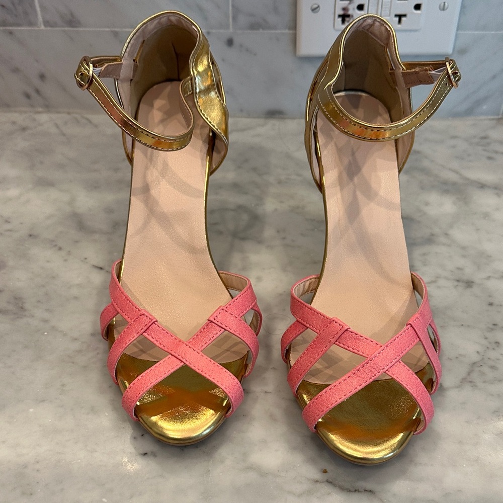 Gold and Pink Crisscross Ankle‑Strap Heels